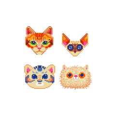 Cute cats. Pixel art. Cat characters heads set. Stickers and embroidery design. Isolated vector illustration. 80s style.
