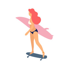 Skateboard girl with surf. Vector isolated flat illustration