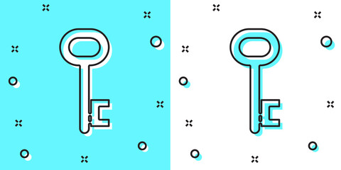 Black line House key icon isolated on green and white background. Random dynamic shapes. Vector Illustration.