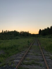 Railway in the village, evening sky, wild flowers