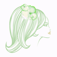 Woman with elegant hairstyle and makeup.Beauty salon and hairdresser studio illustration.Cosmetics and spa logo.Young, beautiful lady portrait.Pretty face with decorative flowers.