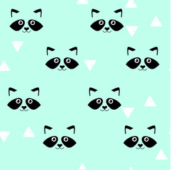 Seamless background with raccoon muzzles. Blue background. Background with animal