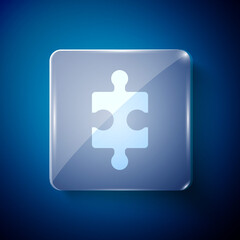 White Piece of puzzle icon isolated on blue background. Business, marketing, finance, layout, infographics, internet concept. Square glass panels. Vector Illustration.
