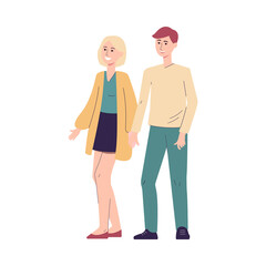 Young couple walking together flat vector illustration isolated on white.