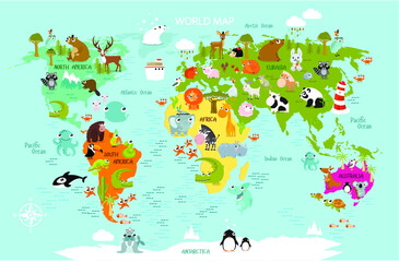 Vector map of the world with cartoon animals for kids. Europe, Asia, South America, North America, Australia and Africa.  © olga