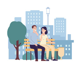 Cartoon couple in love sitting on park bench on city background