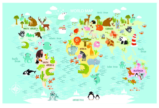 Vector map of the world with cartoon animals for kids. 