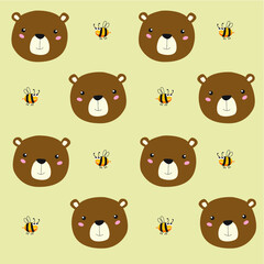 Vector background with cartoon bear and bees. Muzzle bear. Pattern for kids
