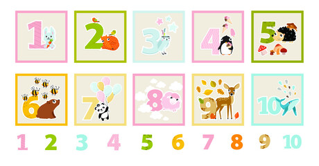 Fototapeta na wymiar Vector cards with numbers and animals for teaching children to count. Learn to count. Numbers Cartoon animals. one carrot, two birds, three stars, four ice-creams, five mushrooms, six bees