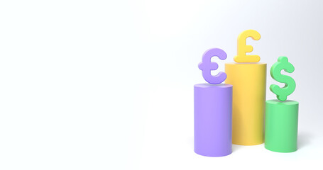 3d rendering, Business template with currencies on podiums: dollar, euro, pound. Financial inform, investment, transactions, wealth growth, savings.