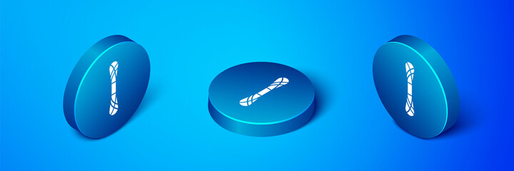 Isometric Yarn icon isolated on blue background. Label for hand made, knitting or tailor shop. Blue circle button. Vector Illustration.