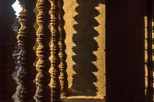 Carved stone balustrades on interior courtyard of Angkor Wat, Cambodia