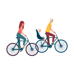 Family with child riding bicycle together flat vector illustration isolated.