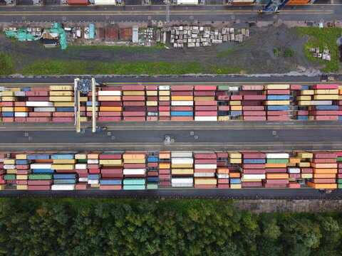 Drone flies over the port of the container terminal in Ust-Luga