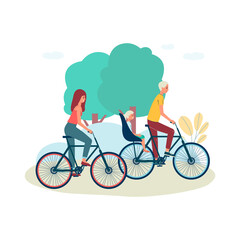 Couple with child riding a bicycle in summer nature.