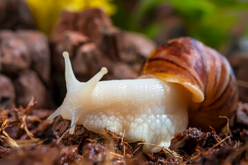 Snail. Macro photo. Snail on the ground. The soil. Green flowering grass. Snail in its natural habitat. Snail skin texture. Blurred background. Relaxation theme