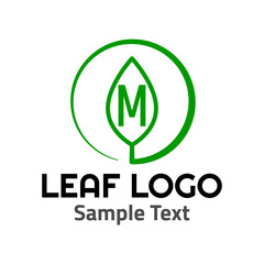 "M" leaf logo symbol icon sign. A leaf logo, green, simple minimalist style, with a green "M" letter and some sample text.