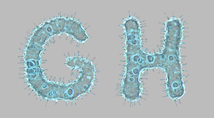 Set of letters made of virus isolated on gray background. Capital letter G, H. 3d rendering. Covid font
