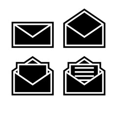 Letter envelope symbols icons signs logos simple black and white colored set. A set of icons of the envelope with the letter inside, minimalist, black and white (mostly black) with a black outline.