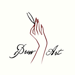 Woman hand with tweezers.Brow art illustration.Elegant, red nail polish manicure.Cosmetics, nail studio and beauty salon vector logo isolated on light background.Luxury, feminine style.