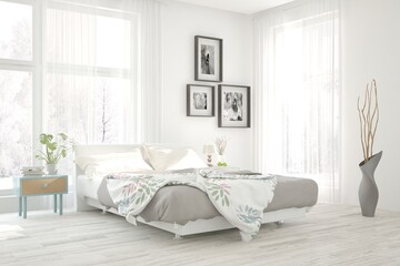 White stylish minimalist bedroom. Scandinavian interior design. 3D illustration
