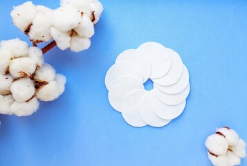Round cotton discs and cotton flower on a bright blue background.