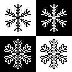 Snowflake symbols icons signs logos simple black and white colored set. A set of icons of snowflakes, minimalist, black and white with and without an outline.