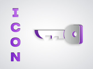 Paper cut Key icon isolated on grey background. Paper art style. Vector Illustration.