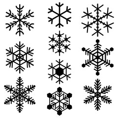Snowflakes symbols icons signs logos simple black colored set. A set of ten icons of snowflakes, minimalist, black.
