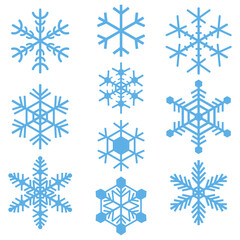 Snowflakes symbols icons signs logos simple blue colored set. A set of ten icons of snowflakes, minimalist, blue.
