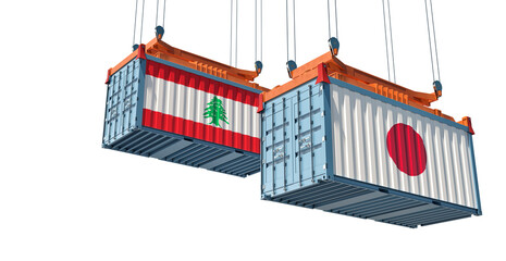 Freight containers with Japan and Lebanon flag. 3D Rendering 