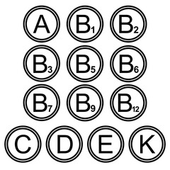 Vitamins symbols icons signs simple black and white colored set. A set of vitamin icons, flat, black and white (mostly white).