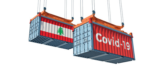 Container with Coronavirus Covid-19 text on the side and container with Lebanon Flag. Concept of international trade spreading the Corona virus. 3D Rendering 