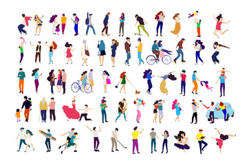 Fototapeta na wymiar Crowd of young people. Characters big set. Flat colorful vector illustration. Dancing, reading walking people - Vector 
