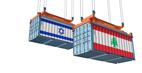 Freight containers with Israel and Lebanon flag. 3D Rendering 