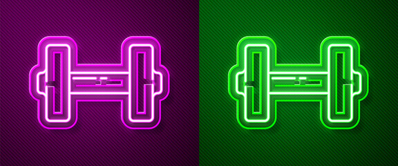 Glowing neon line Dumbbell icon isolated on purple and green background. Muscle lifting icon, fitness barbell, gym, sports equipment, exercise bumbbell. Vector Illustration.