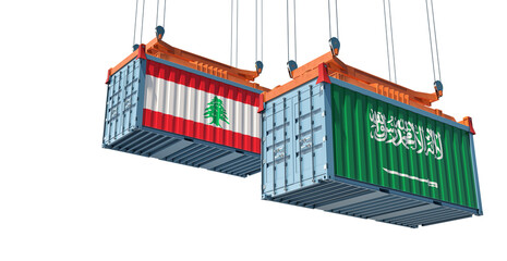 Freight containers with Saudi Arabia and Lebanon flag. 3D Rendering 