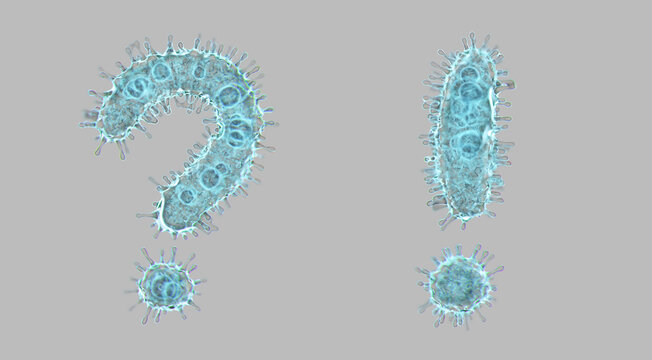 Alphabet made of virus isolated on gray background. Symbol question mark and exclamation mark. 3d rendering. Covid font