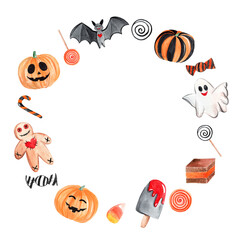 watercolor halloween round wreath isolated on white background. For cards, banners, party design and invitations. Pumpkin, happy ghost, cute bat and sweets elements