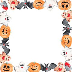 Fototapeta premium watercolor halloween square frame with pumpkin, ghost, bat isolated on white background. For cards, social media content, advertising banners