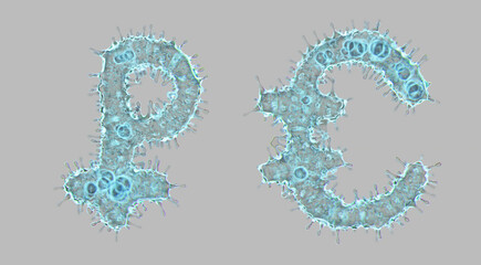 Alphabet made of virus isolated on gray background. Symbol rouble and euro. 3d rendering. Covid font