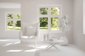 Stylish room in white color with armchair and green landscape in window. Scandinavian interior design. 3D illustration