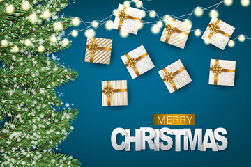 Merry Christmas banner. Green fir tree branches on blue background with falling snow and white and golden gift boxes with bows. Realistic 3d vector illustration.