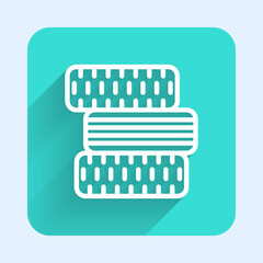 White line Car tire wheel icon isolated with long shadow. Green square button. Vector Illustration.