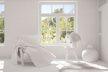 Stylish room in white color with armchair and green landscape in window. Scandinavian interior design. 3D illustration