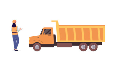Open pit worker using app for loading truck, flat vector illustration isolated.