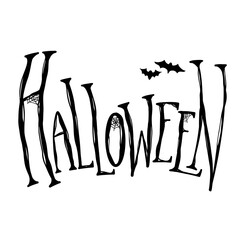Halloween lettering. Original black calligraphic inscription with bats and spider web. Mystical holiday. Vector word for banners, articles, logos and your creativity.