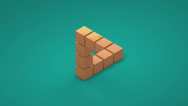 3D animation of an impossible triangle that is assembled from cubes. The figure unfolds and reveals the mystery of the impossible triangle.