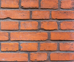 Background old masonry of red brick. Plaster, concrete, cement. Cracks, peeling, voids. Close-up
