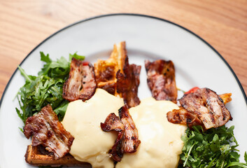 Delicious fresh salad with meat close up